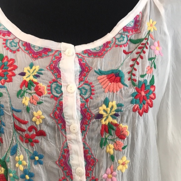 Johnny Was Embroidered Tunic Womens Small White Sheer Silky Floral Boho Fairy - Picture 4 of 11